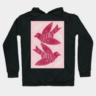 Pink Christmas Turtle Doves with holly and foliage Linoprint repeat pattern Hoodie